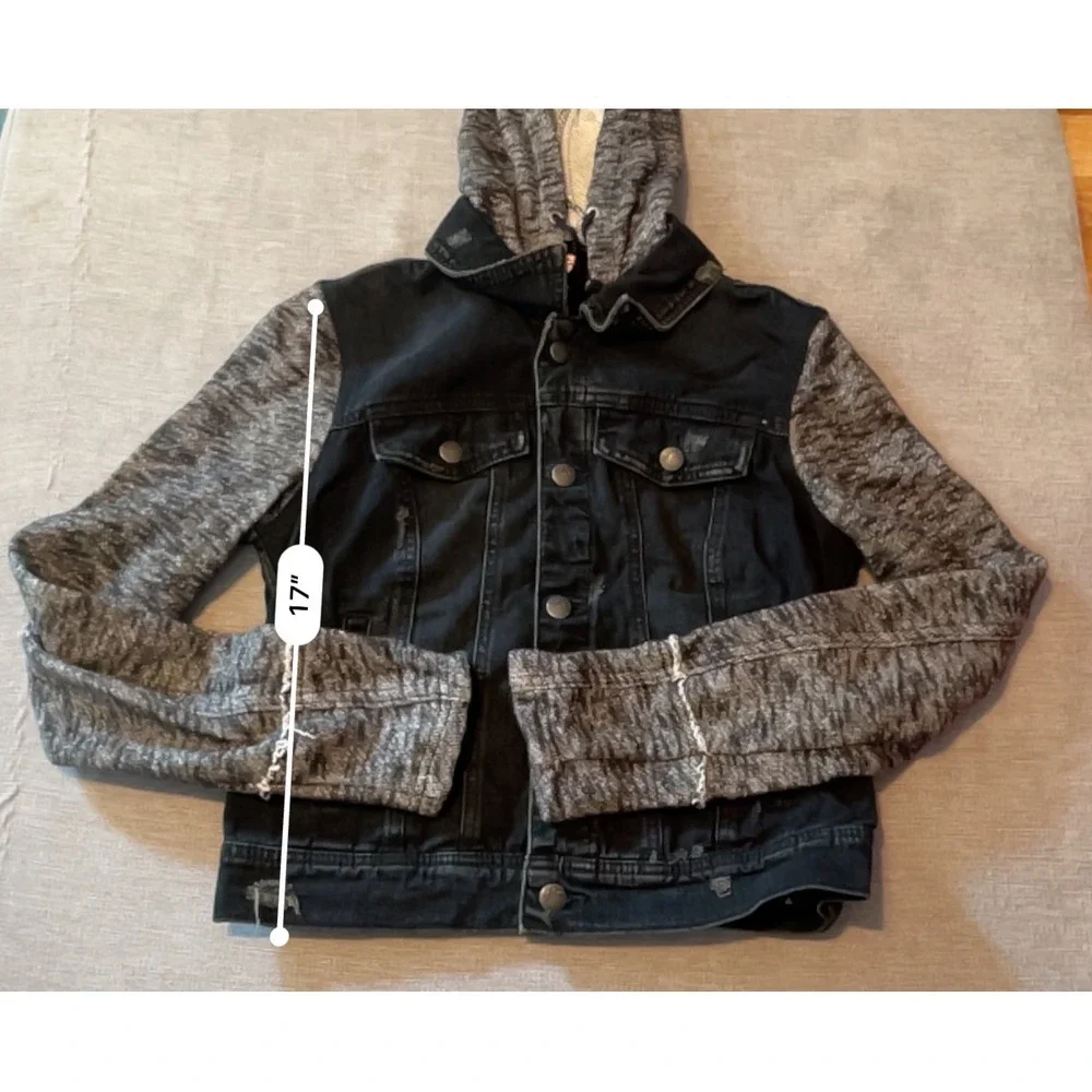Free People Black Denim‎ Hooded Jacket Distressed Grey Knit Sleeves - Picture 4 of 6